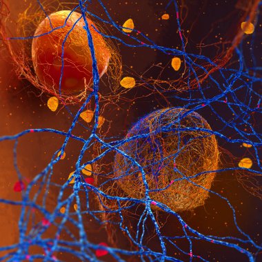 Soyut tıbbi arka plan, sinirsel ağlar, hücreler, sinir uçları, elektriksel impulslar, organik materyalli bir element olarak rastgele küçük kürelerin yakın plan görüntüsü, 3D