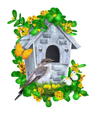 Bahar bayramı paskalya arkaplanı, yumurtalı bir yuvanın yanında oturan kuş dallarda kuş yuvası, ilk çiçekler, kelebekler, mavi pastel renkler, 3D renkler.