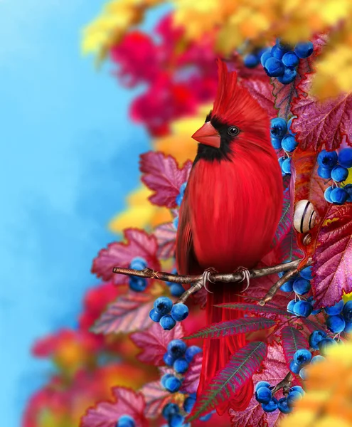Φθινόπωρο Φωτεινό Φόντο Πουλί Κόκκινο Καρδινάλιος Κάθεται Ένα Κλαδί Δέντρο — Φωτογραφία Αρχείου