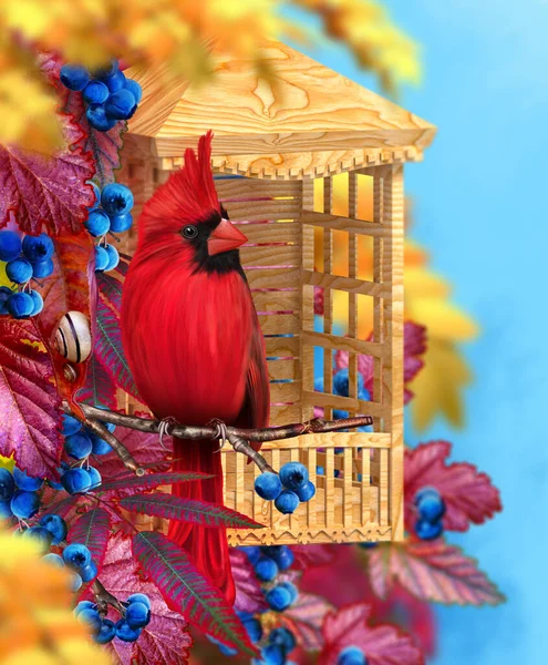 Herbst Heller Hintergrund Vogelroter Kardinal Sitzt Auf Einem Ast Gelb — Stockfoto