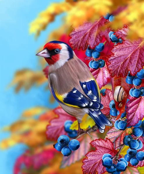 Automne Fond Lumineux Oiseau Chardonneret Assoit Sur Une Branche Rouge — Photo