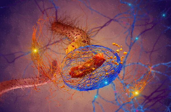 Abstract medical background, neuronal networks, cells, nerve endings, electrical impulses, close-up of random small spheres as an element with organic material, 3D rendering