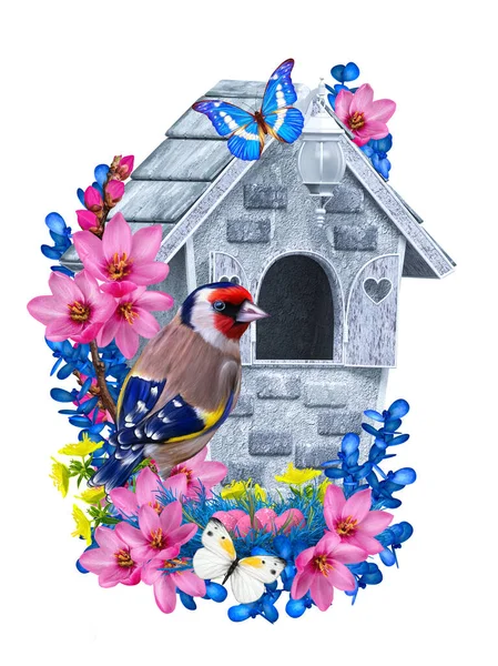 Spring Festive Easter Background Birds Sitting Nest Eggs Birdhouse Branches — Stock Photo, Image