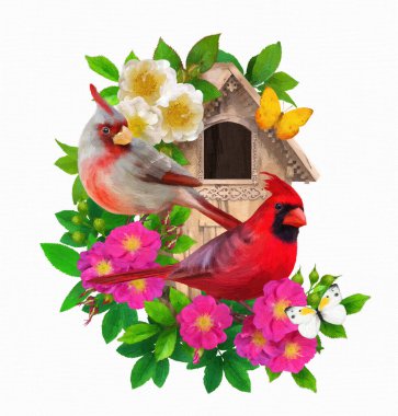 Yaz, bahar, parlak, güneşli arka plan, bir kardinal kuş çiçek açan pembe, beyaz köpek gülü, kuş evi, büyük fırça darbeleri, yağ.