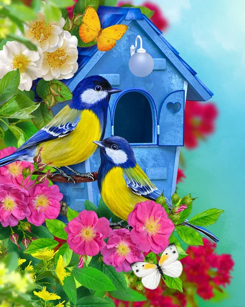 Άνοιξη Καλοκαίρι Ηλιόλουστο Φωτεινό Φόντο Δύο Πουλιά Ενός Titmouse Κάθεται — Φωτογραφία Αρχείου