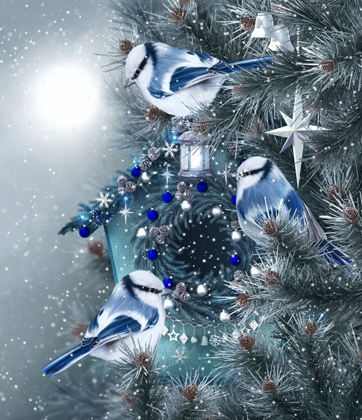 Christmas New Year Winter Festive Background Birds Tit Sitting Branch — Stok fotoğraf