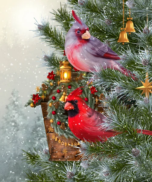クリスマス 新年の冬のお祝いの背景 2つの赤い鳥の枢機卿は トウヒの枝に座って 装飾されたQuorehouse フィーダー 空想のガーランド おもちゃ 燃えるランタン 3Dレンダリング — ストック写真