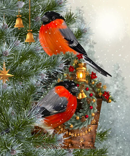 Weihnachten Neujahr Winter Festlichen Hintergrund Zwei Vögel Gimpel Sitzen Auf — Stockfoto