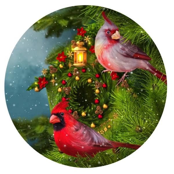 クリスマス 新年の冬のお祝いの背景 2つの赤い鳥の枢機卿は トウヒの枝に座って 装飾されたQuorehouse フィーダー 空想のガーランド おもちゃ 燃えるランタン 3Dレンダリング — ストック写真