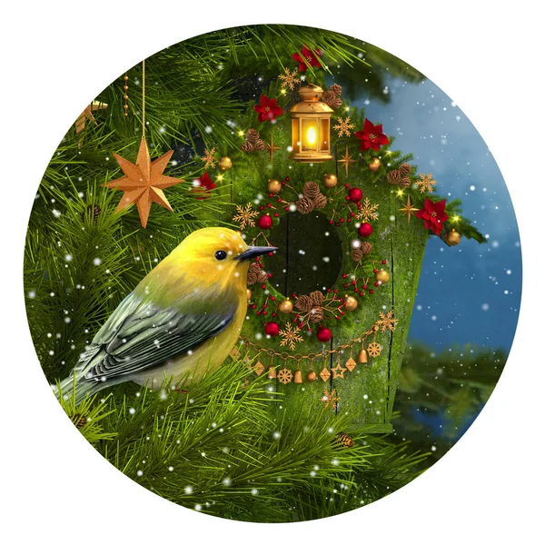クリスマス 新年の冬のお祝いの背景 黄色の鳥はモミ 装飾された鳥の家 フィーダー ガーランド おもちゃ 燃えるランタン 3Dレンダリングの枝に座って — ストック写真