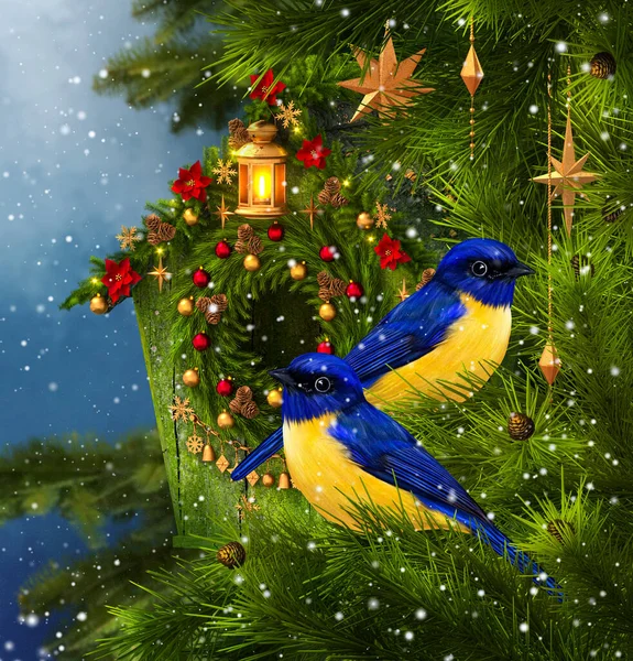 Рождество Новогодний Зимний Праздничный Фон Две Птицы Синицы Сидящие Ветке — стоковое фото