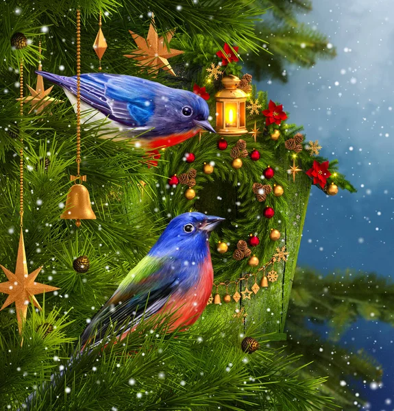 Christmas New Year Winter Festive Background Two Birds Tit Sitting — Foto de Stock