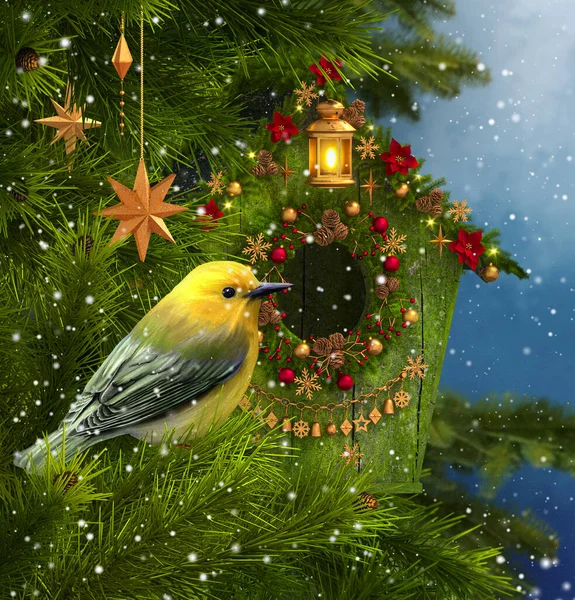 Navidad Año Nuevo Fondo Festivo Invierno Pájaro Amarillo Sentado Una — Foto de Stock