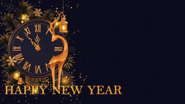 Noel arkaplanı, yeni yıl, altın saat, parlak geyik, süslemeler, oyuncaklar, balolar, ladin dalları, çam ağaçları, 3D görüntüleme