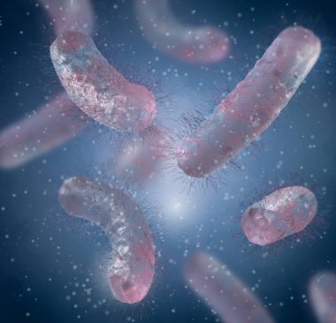 Tıbbi arka plan, tüm yüzey üzerinde kamçılı bakteri peritrichus, Hafniaceae, Enterobacterales çubuk şeklindeki asporogenic mobil gram- negatif anaerobik 3D görüntüleme