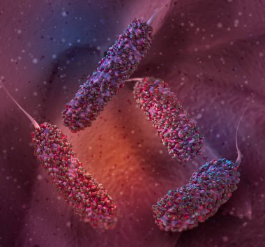 Tıbbi arka plan, tek taraflı bakteri şekilli bakteriler, tek bir flagellum, vibriyo, vibriyon, vibrionaceae, 3D