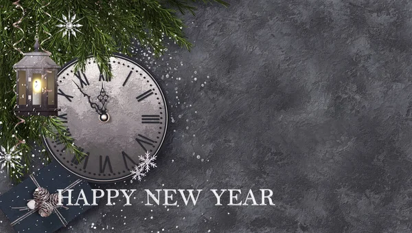 Christmas Dark Festive Background New Year Golden Clock Hanging Vintage — Stock Photo, Image