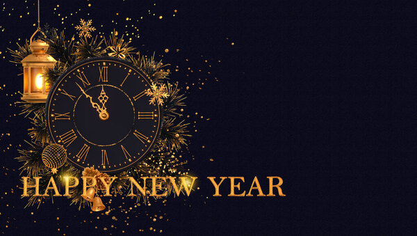 Christmas dark festive background, New Year, golden clock, hanging vintage decorative burning lantern decoration, toys, balls, spruce branches, pine trees, 3d rendering