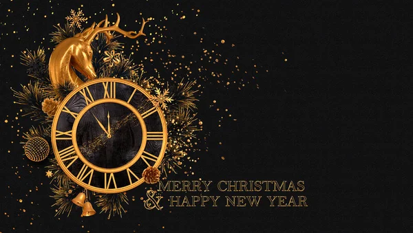 Navidad Fondo Festivo Oscuro Año Nuevo Reloj Oro Ciervos Brillantes — Foto de Stock