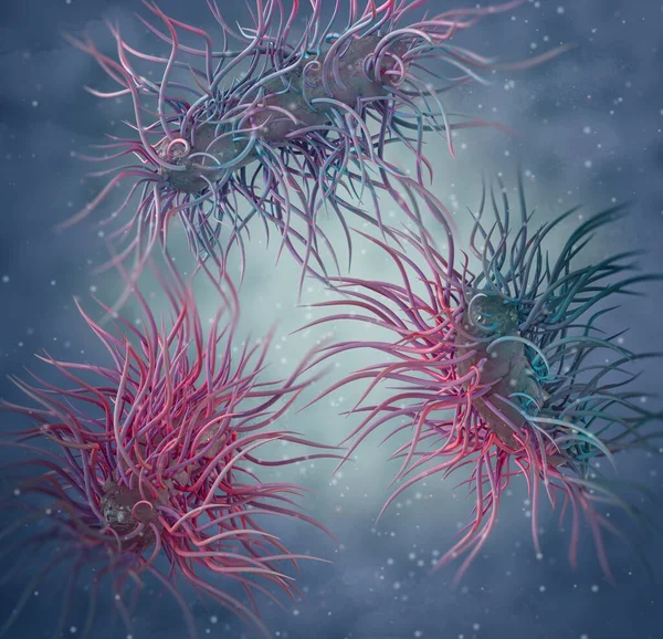 Tıbbi arka plan, tüm yüzey üzerinde kamçılı bakteri peritrichus, Hafniaceae, Enterobacterales çubuk şeklindeki asporogenic mobil gram- negatif anaerobik 3D görüntüleme