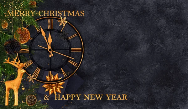 Boże Narodzenie Ciemne Tło Świąteczne Nowy Rok Złoty Zegar Błyszczący — Zdjęcie stockowe