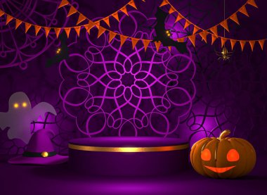 Cadılar Bayramı koyu mor arka plan, balkabağı Jack kafa, örümcek ağı, dallar, yarasa, puf, kaide, 3D görüntüleme