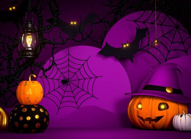 Cadılar Bayramı koyu mor arka plan, balkabağı Jack kafa, örümcek ağı, dallar, yarasa, yanan gazyağı eski fener, şişme, kaide, 3D görüntüleme