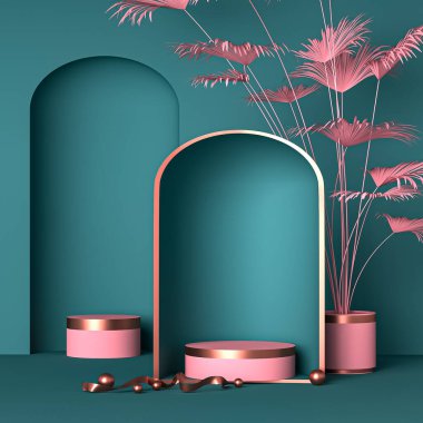 Soyut geometrik minimalist arkaplan ürün için yuvarlak podyum, nane yeşili turkuaz renk, saksı palmiyesi, altın dekorasyon, 3D renkte