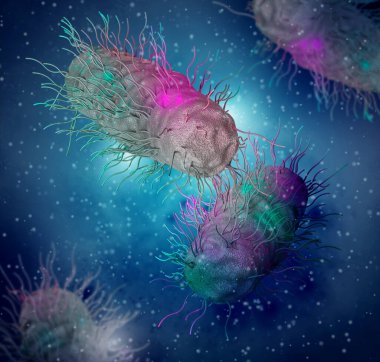 Tıbbi geçmiş, bakteri fakültatif anaerobiler, Salmonella, enterobakteriler, çubuk şekilli, tüm yüzeyde kırbaç, salmonella enfeksiyonunun nedensel faktörü, patojen, 3 boyutlu görüntüleme.