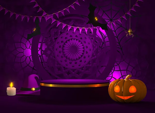 Halloween Fondo Púrpura Oscuro Cabeza Gato Calabaza Telaraña Ramas Murciélago —  Fotos de Stock