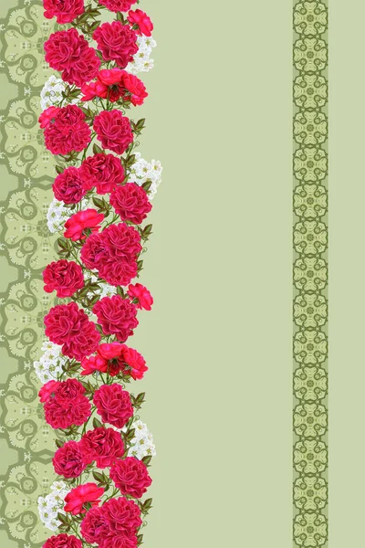 Horizontais flores vermelhas borda floral escalada rosas, inflorescência de flores brancas, folhas verdes, padrão, sem costura, fundo floral — Fotografia de Stock