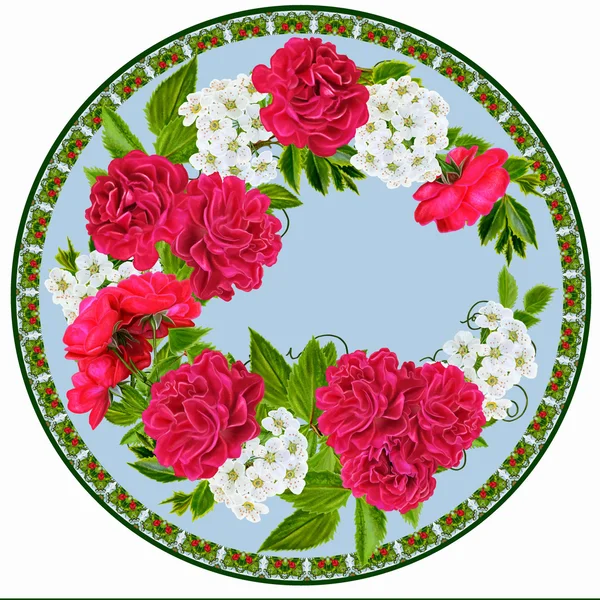 Obraz. Pobočka červené Pnoucí růže, pupeny bílé květy v kruhu. Mozaika. — Stock fotografie