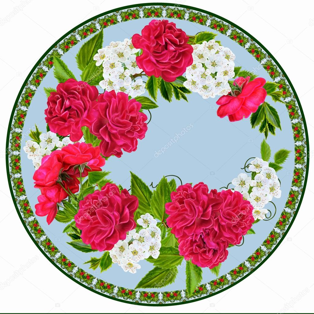 Painting. A branch of red climbing roses, buds of white flowers in a circle. Mosaic.