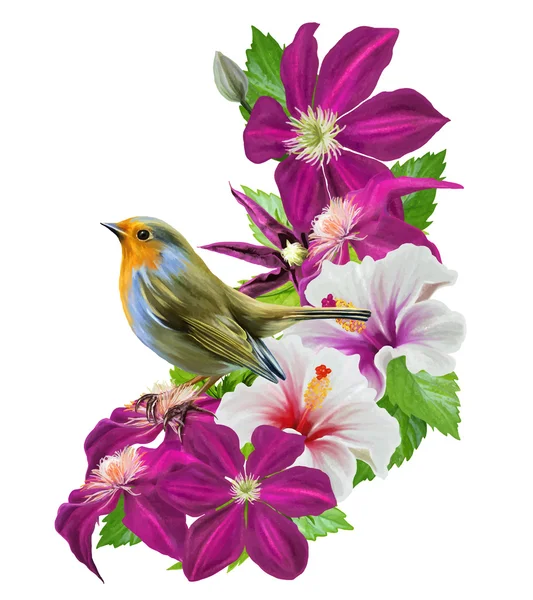 Pequeño pájaro colorido se sienta en una rama de flores clematis púrpura — Vector de stock