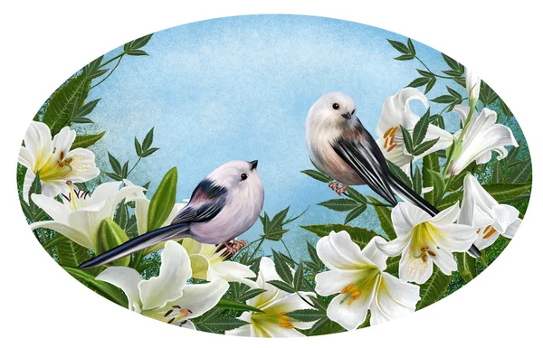 Twee kleine witte vogel zittend op de witte bloemen lelies — Stockfoto
