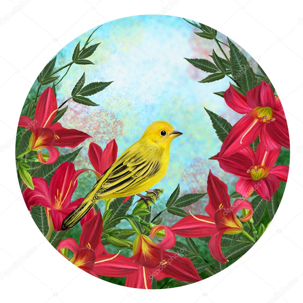 little yellow bird on a background of red flowers lily