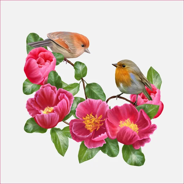 Два маленьких птаха і композиція з червоних квітів, Векторні ілюстрації — стоковий вектор