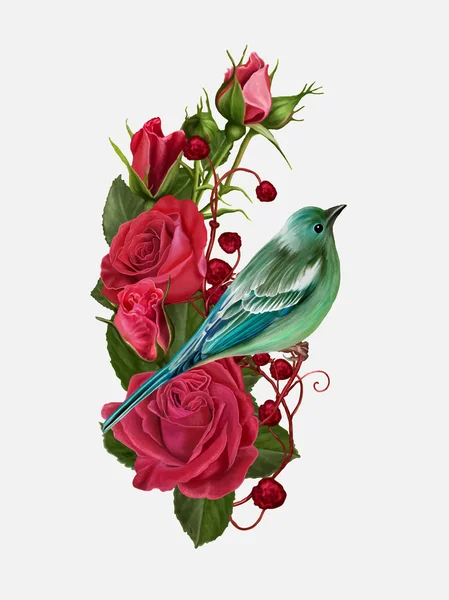 Голубая птица на ветке красных роз, векторная иллюстрация — стоковый вектор