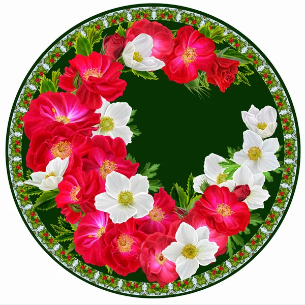 Flowers in a circle. Round form. Round floral background. Roses are red and white flowers anemones.