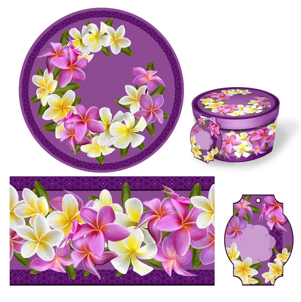 Conjunto para embalagem. Caixa redonda. Label.decoupage (em inglês). Fundo floral. Fronteira de flores. Plumeria rosa e branco padrão de mosaico . — Fotografia de Stock