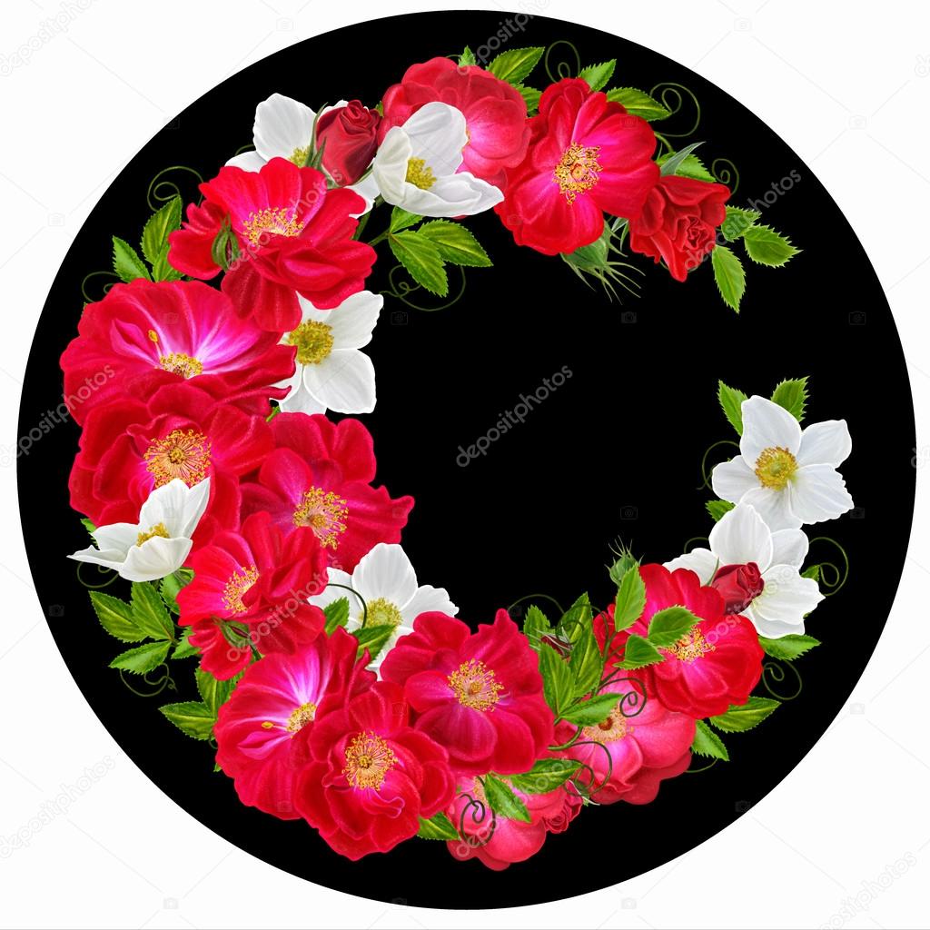 Flowers in a circle. Round form. Round floral background. Roses are red ...