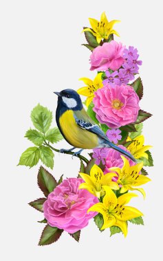 Kırmızı çiçekler, Sarı Lilyum ve yeşil yaprakları bileşimi arka plan üzerinde kuş baştankara