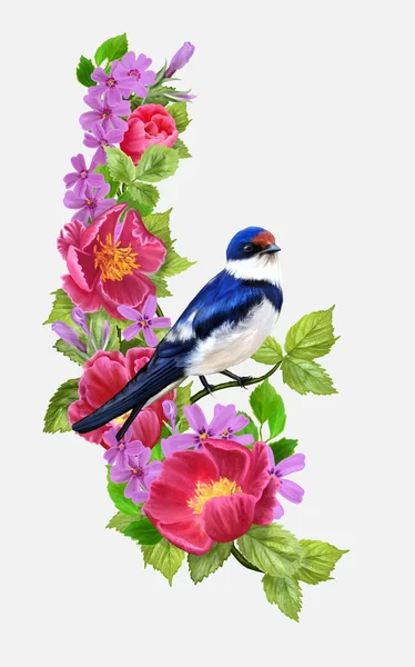 Swallow bird on a background composition of red and pink flowers, green foliage — Stock Vector