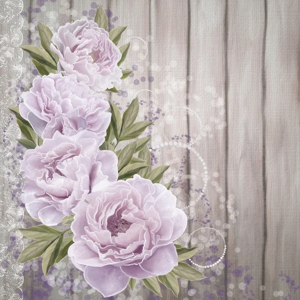 Painted peony pink flowers on a background of a wooden wall vintage — Stock Photo, Image