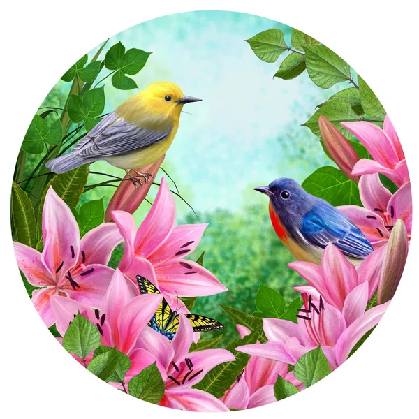 Two little birds on the background of bright pink flowers lilies and green leaves. Circle. — Stock Photo, Image