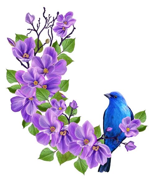 Pájaro azul sobre un fondo de ramas florecientes de flores lila — Foto de Stock