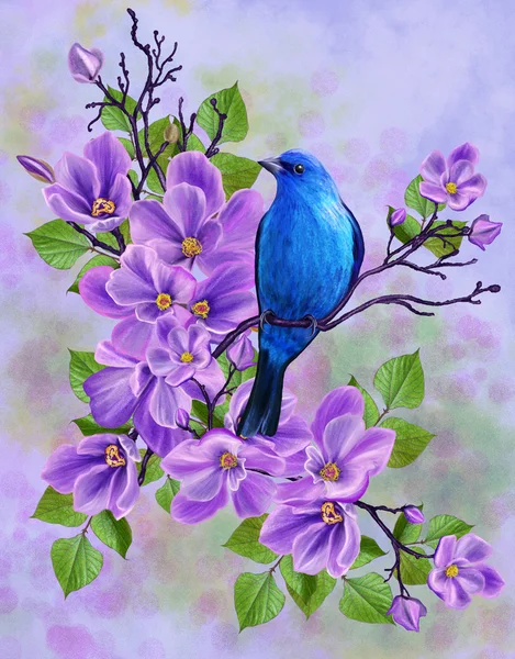 Pembe çiçek çiçekli dallar bir arka plan üzerinde mavi kuş — Stok fotoğraf