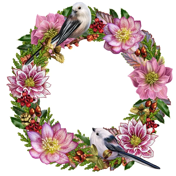 Vánoční věnec květy Čemeřice listy, dvě malé bílé ptáky, věnec — Stock fotografie