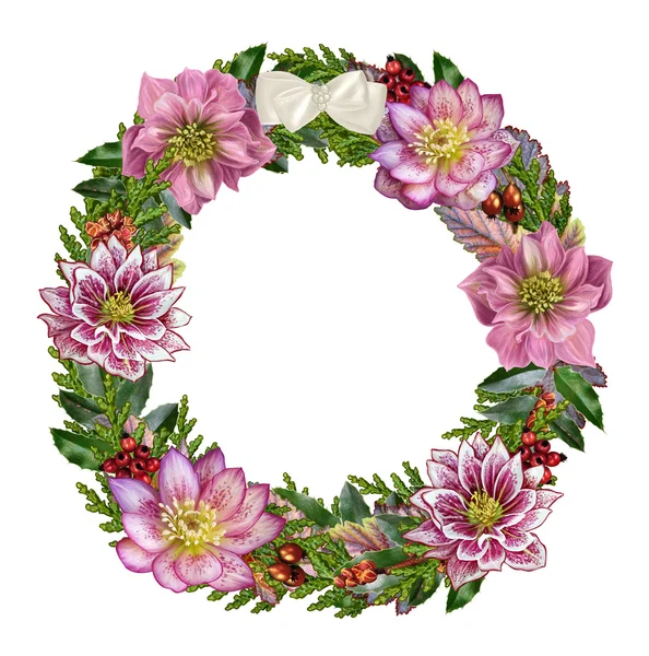 Χριστουγεννιάτικη γιρλάντα από λουλούδια hellebore, διακοσμήσεις σε σχήμα — Φωτογραφία Αρχείου