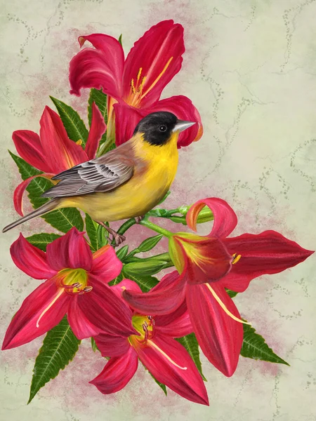 Żółty ptaszek na tle czerwonych kwiatów lilii — Zdjęcie stockowe